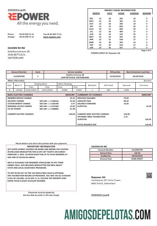 Para baixar modelo de conta de serviços públicos da Switzerland Repower AG, totalmente editável em formatos Word e PDF